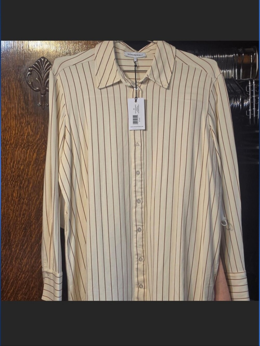 WeWoreWhat Cream/Mocha Button-Up dress with wide Pinstripes